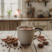 Steaming mug of hot cacao on a wooden table with cinnamon sticks and star anise.