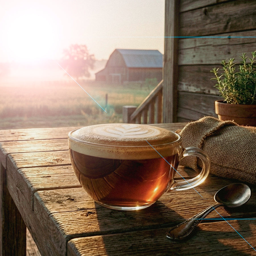 Glass mug with a layered mushroom coffee on a wooden table, barn in the background